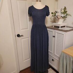 Matilda Jane Deep Water Maxi Dress roll-tab short sleeves Navy Blue Medium